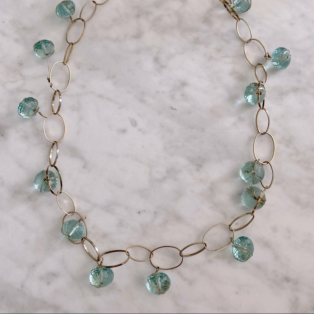 Gold metal link and aqua crystal beads necklace